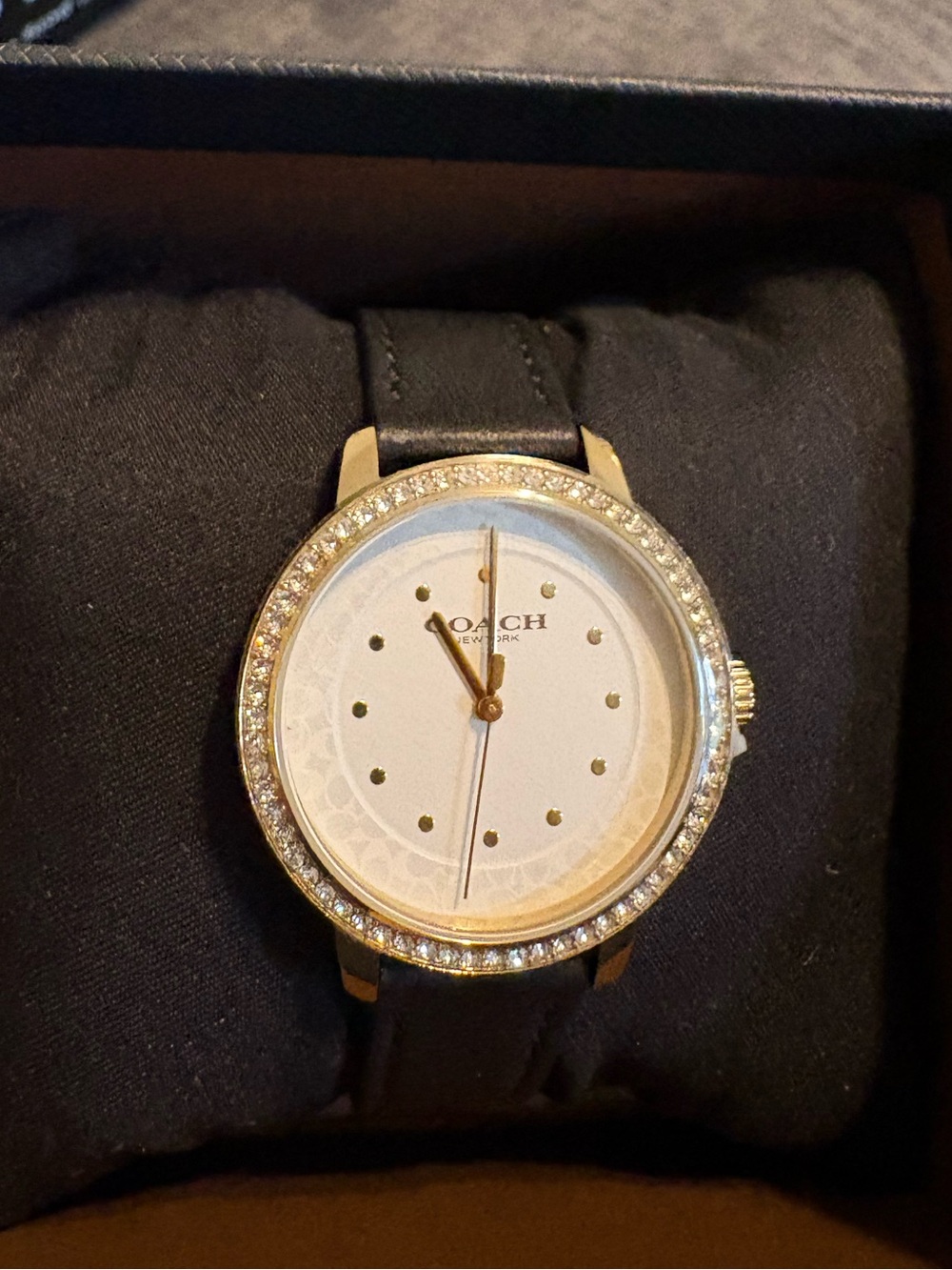 COACH Rayden 32mm Crystal Bezel Watch with Black Leather Strap
